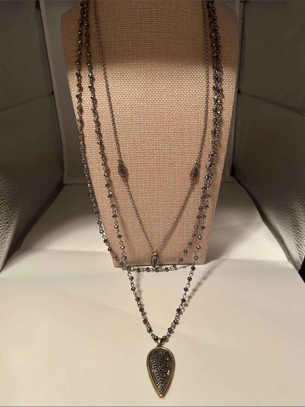 Lucky Brand multi strand necklace faceted dark gunmetal beads boho chic glam